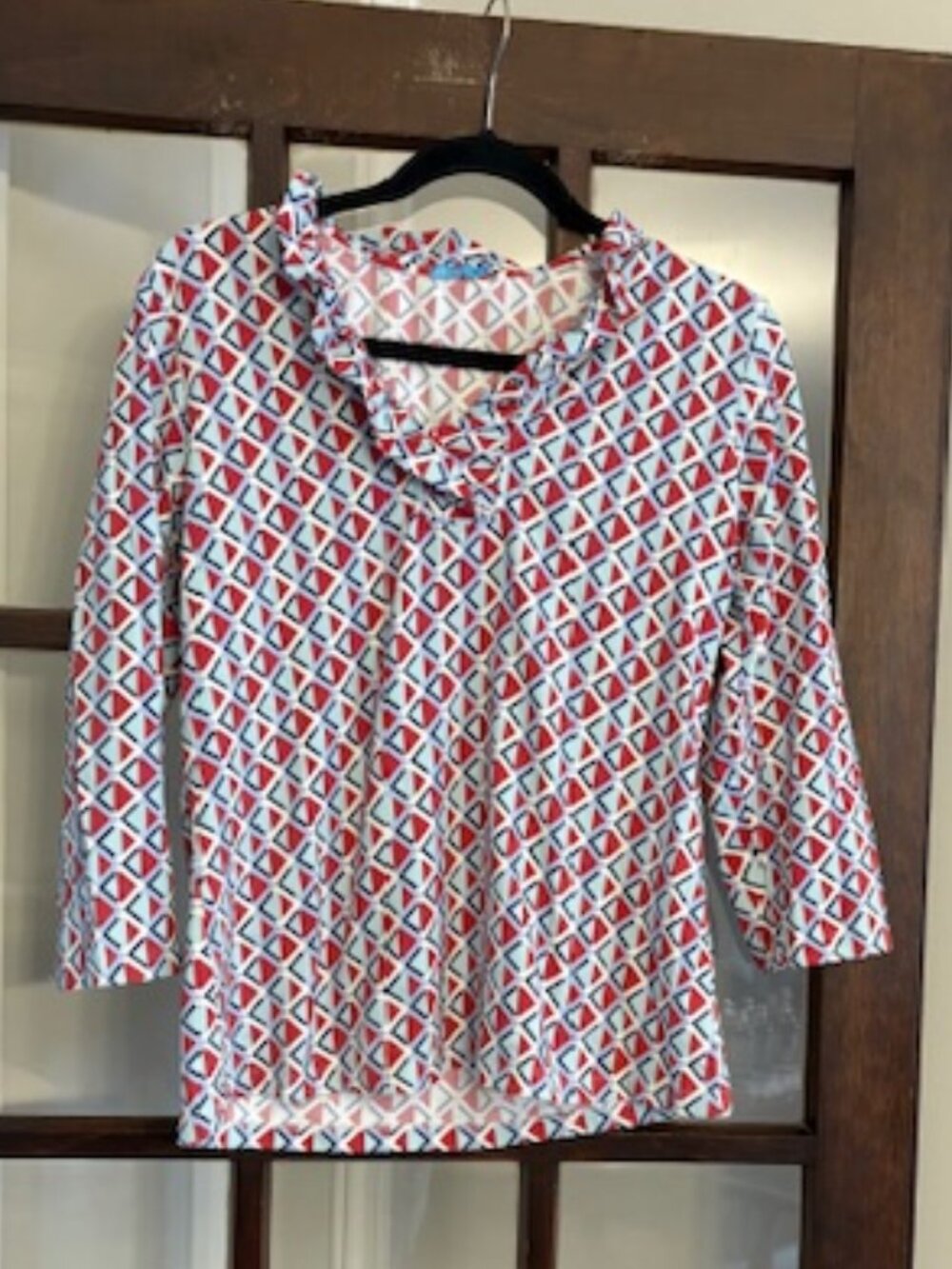 J.McLaughlin Red and Blue Geometric 3/4 Sleeve Blouse, Size Large